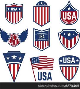Set of emblems with american symbols. Usa flag. Design elements for logo, label, emblem, sign. Vector illustration