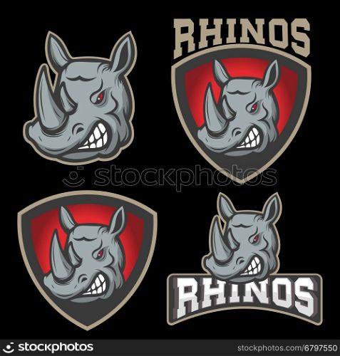 Set of emblems with angry rhino head. Sport team mascot. Design element for logo, label, emblem, sign, badge. Vector illustration.