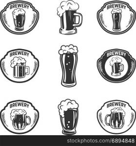 Set of emblems with beer mugs. Design elements for logo, label, emblem, sign. Vector illustration