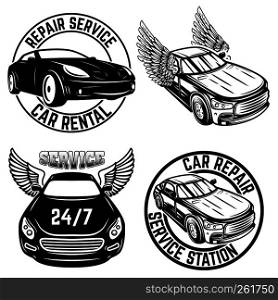 Set of emblems with cars. Repair service, car rental. Design element for logo, label, sign, poster, t shirt. Vector illustration