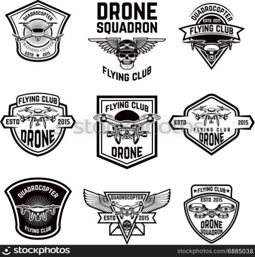 Set of emblems with drone. Design elements for logo, label, sign. Vector illustration