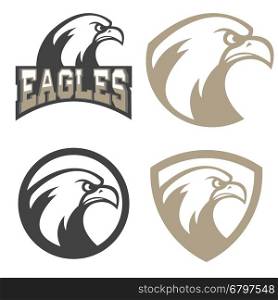 Set of emblems with eagles head. Sport team mascot. Design element for logo, label, emblem, sign, badge. Vector illustration.
