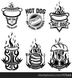 Set of emblems with hot dog. Design element for emblem, sign, poster, badge. Vector illustration