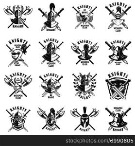 Set of emblems with knights, swords and shields. Design element for logo, label, emblem, sign, poster, t shirt. Vector illustration
