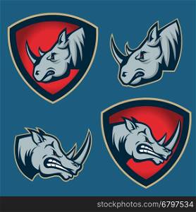 Set of emblems with rhino head. Sport team mascot. Design element for logo, label, emblem, sign, badge. Vector illustration.