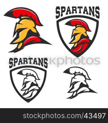 Set of emblems with Spartan helmet . Design element for logo, label, sign, brand mark. Vector illustration.