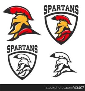 Set of emblems with Spartan helmet . Design element for logo, label, sign, brand mark. Vector illustration.