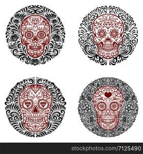 Set of emblems with sugar skulls with floral border. Design element for poster, card, emblem, sign. Vector illustration