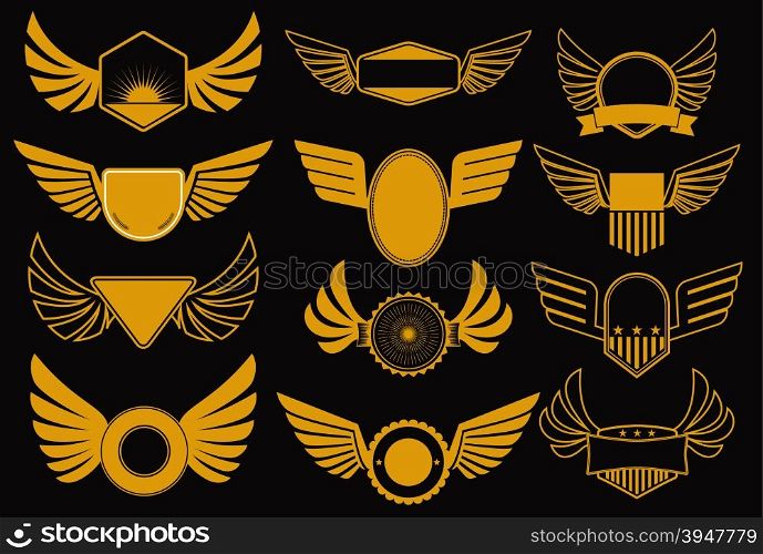 Set of emblems with wings. Design templates for label, logo and badges. Element for design in vector.
