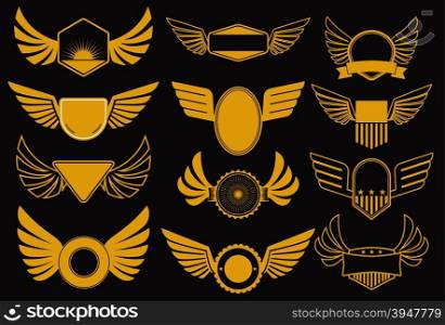 Set of emblems with wings. Design templates for label, logo and badges. Element for design in vector.
