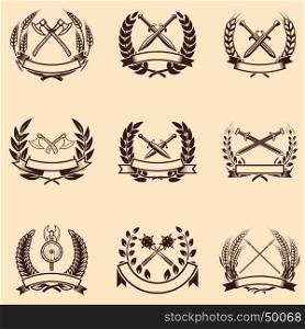Set of emblems with wreaths and swords. Design elements for logo, label, sign. Vector illustration