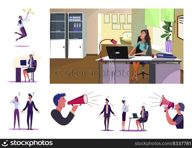 Set of employees during working process. Flat vector illustrations of cheerful and doubting workers and bosses with megaphones. Team relations concept for banner, website design or landing web page