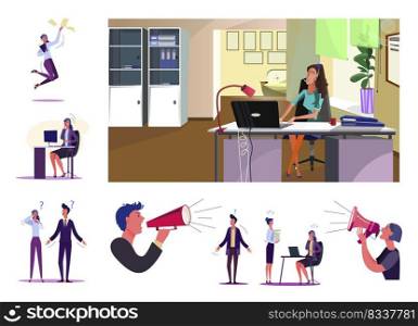 Set of employees during working process. Flat vector illustrations of cheerful and doubting workers and bosses with megaphones. Team relations concept for banner, website design or landing web page