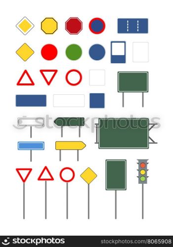 Set of empty blank different road signs on white. Set of empty blank different road signs isolated on white