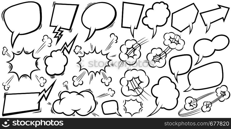 Set of empty comic speech bubbles. Design element for poster, t shirt, emblem, sign, label, banner, flyer. Vector illustration