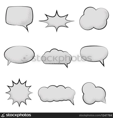 Set of empty comic speech bubbles with with noise sand texture trendy. Set of empty comic speech bubbles with with noise sand texture trendy. Vector illustration isolated