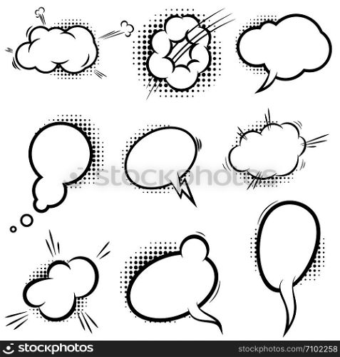 Set of empty comic style speech bubbles with halftone shadows. Design element for poster, emblem, sign, banner, flyer. Vector illustration