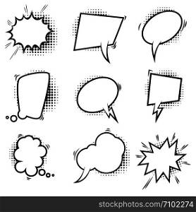 Set of empty comic style speech bubbles with halftone shadows. Design element for poster, emblem, sign, banner, flyer. Vector illustration