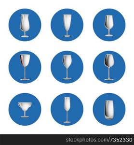 Set of empty glasses in round circles icons, elegant glassware items for cocktails and classical drinks, stemware collection vector isolated on white. Set of Empty Glasses in Circles, Elegant Glassware