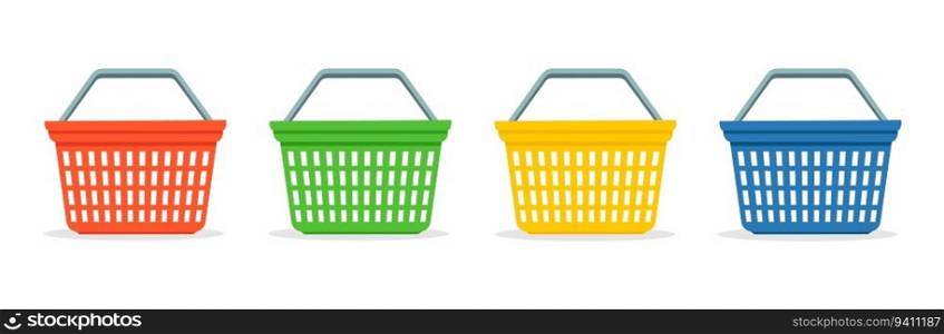 Set of empty shopping basket isolated on white background. Grocery food basket. Plastic market basket. Vector stock