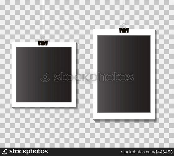 Set of empty template photo frames with clips. Black and white photo frames on isolated background. vector eps10. Set of empty template photo frames with clips. Black and white photo frames on isolated background.vector