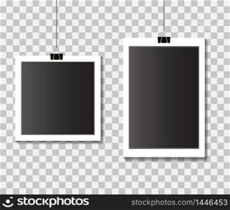 Set of empty template photo frames with clips. Black and white photo frames on isolated background. vector eps10. Set of empty template photo frames with clips. Black and white photo frames on isolated background.vector