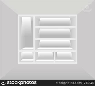 Set of empty white shelves isolated on transparent background. Vector design elements. Set of empty white shelves isolated on transparent background. Vector design elements.