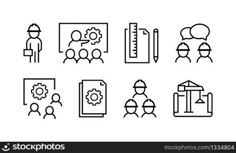 Set of engineering and design icons in linear style. People engineers and designers. Vector illustration EPS 10