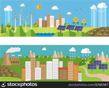 Set of environment and ecology banners. Green energy and pollution.