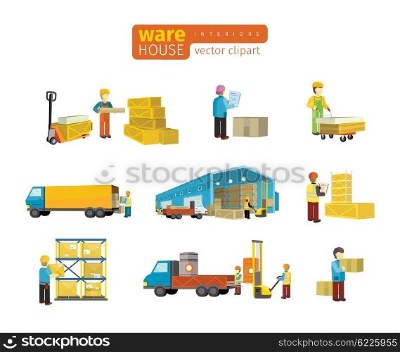 Set of equipment delivery process of the warehouse. Interior logisti and factory, warehouse building exterior, business delivery, storage cargo vector illustration