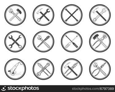 Set of equipment icons set. Vector labels with tools. Design elements for logo, label, emblem, sign, badge. Vector illustration.