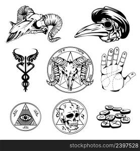 Set of esoteric symbols and occult attributes in sketch design with human goat and crow skulls all seeing eye and palm flat vector illustration . Sketch Set Of Esoteric Symbols And Occult Attributes