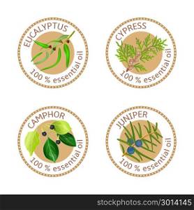 Set of essential oils labels. Eucalyptus, cypress, camphor, juniper. Set of 100 essential oils labels. Eucalyptus, cypress, camphor, juniper symbols. Logo collection. Vector illustration. Brown stamps, flat style. For stickers, price tags labels advertising banners