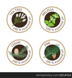 Set of essential oils labels. Pine tree, Cedar, Tea tree, melissa. Set of 100 essential oils labels. Pine tree, Cedar, Tea tree, melissa symbols. Logo collection. Vector illustration. Brown stamps, realistic. For cosmetics, spa health care aromatherapy cosmetics