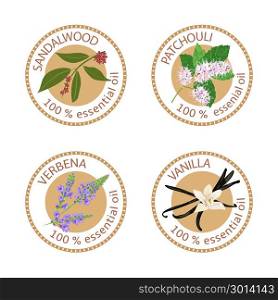 Set of essential oils labels. Sandalwood, patchouli, verbena, vanilla. Set of 100 essential oils labels. Sandalwood, patchouli, verbena, vanilla symbols. Logo collection. Vector illustration. Brown stamps, flat style. For stickers price tags labels advertising