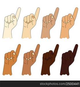 Set of ethnic hands with different skin colors. Hand gesture. Human Hand shows one index finger. gesture - number one or attention. Vector motley drawing