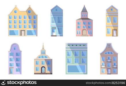 Set of European bright colored old houses, shops and factories in the traditional Dutch town style. Vector illustration in the flat style isolated on a white background. Design elements for a banner. Set of European bright colored old houses, shops and factories in the traditional Dutch town style. Vector illustration in the flat style isolated on a white background. Design elements for a banner.