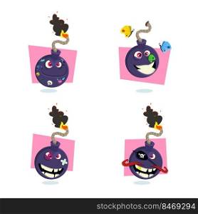 Set of evil cartoon bomb character with burning wick catching butterflies, wearing pirate eye patch