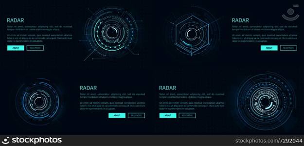 Set of exact radar templates vector illustration with bright geometric shapes, text sample and light push-buttons isolated on deep blue background. Set of Exact Radar Templates Vector Illustration