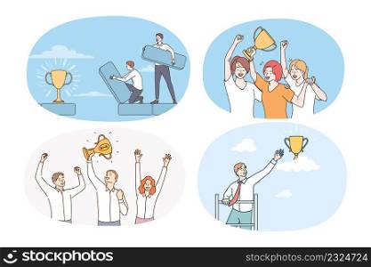 Set of excited diverse businesspeople win award celebrate shared business success. Collection of happy employees win prize. Goal achievement. Teamwork. Vector illustration.. Set of excited businesspeople celebrate business win get prize