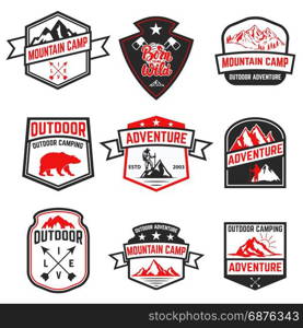 Set of extreme adventure badges. Mountains. Vector illustration. Concept for shirt or logo, print, stamp. Mountain hiking. Hiking club typography design- stock vector.