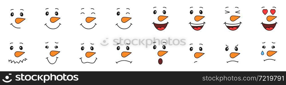 Set of faces of snowmen. Emotions of a snowman.. Set of faces of snowmen. Emotions of a snowman. Nice and pretty faces. Winter Christmas fun. Vector illustration