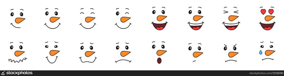Set of faces of snowmen. Emotions of a snowman.. Set of faces of snowmen. Emotions of a snowman. Nice and pretty faces. Winter Christmas fun. Vector illustration