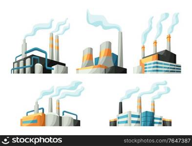 Set of factories or industrial buildings. Urban manufactory landscape of constructions.. Set of factories or industrial buildings.