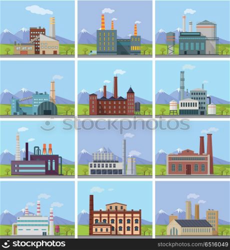 Set of Factory Building Banners. Set of factory building banners. Factory building with pipes on nature mountain landscape. Industrial plant with pipes. Plant with smoking chimneys. Ecological production, air pollution concept