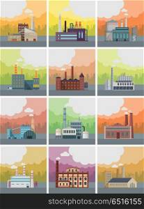 Set of Factory Building Banners. Set of factory building banners. Factory building with pipes on urban landscape. Industrial plant with pipes. Plant with smoking chimneys. Ecological production, air pollution concept. Free space.