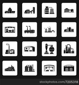 Set of Factory building, production equipment, cranes and warehouses. silhouettes on a white background for any design style. Factory and production buildings