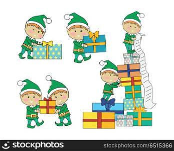 Set of fairy elves with christmas presents. Flat design vector. Funny Christmas elfs in green suits holding, counting, carrying gift boxes with stripes. Winter holidays celebrating symbols. On white. Set of Fairy Elves with Christmas Presents . Set of Fairy Elves with Christmas Presents