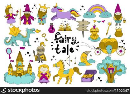 Set of fairy tale objects collection. Hand drawn doodle illustration with unicorn, king, queen, fairy, magic book, dragon, castle, carriage, knight etc.