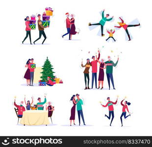Set of families celebrating New Year. Group of children and parents enjoying holiday together. Christmas celebration concept. Vector illustration can be used for presentation, project, webpage